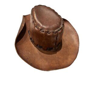 Vintage Handmade Distressed Brown Leather Western Cowboy Hat